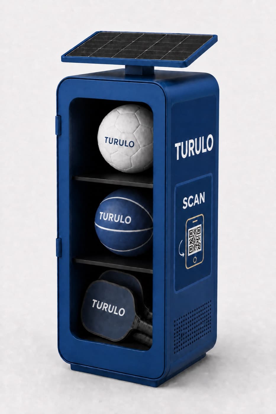 A Turulo smart locker stocked with sports equipment
